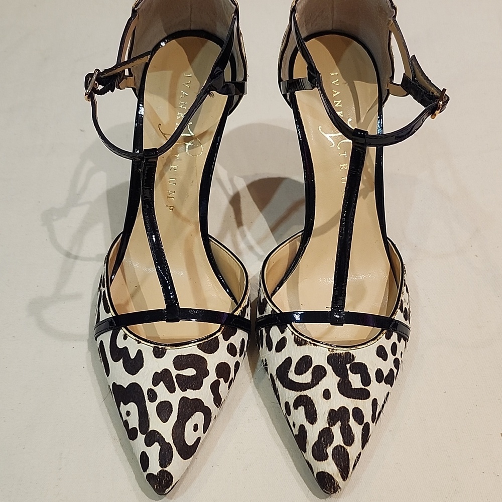 Ivanka Trump women's high heel leopard T-strap with black pentent leather size m